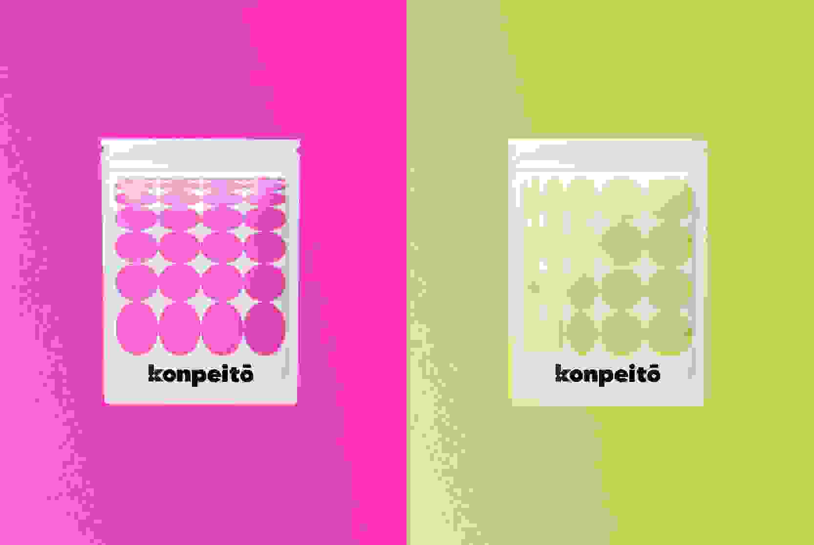 Konpeitō candy packaging concept on a lime green and fuchsia pink background